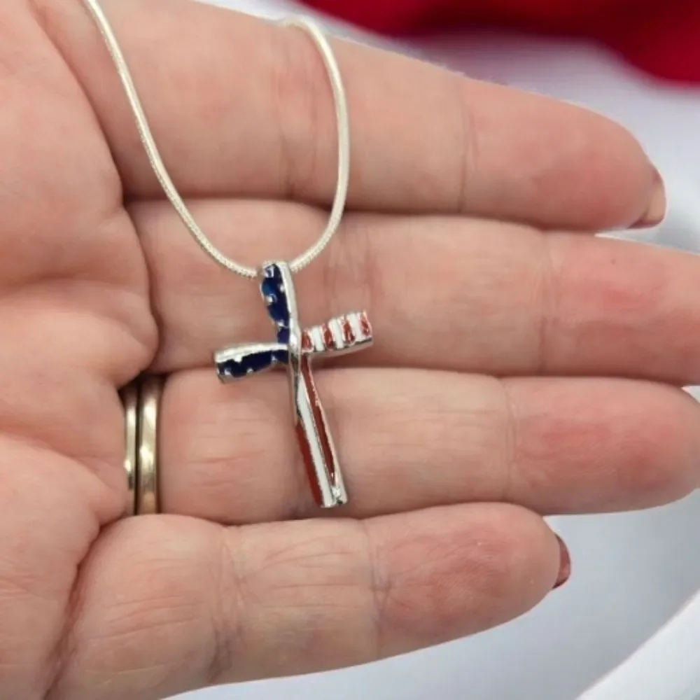 American Flag Cross Pendant Necklace Patriotic USA Stars Stripes Silver Chain 18